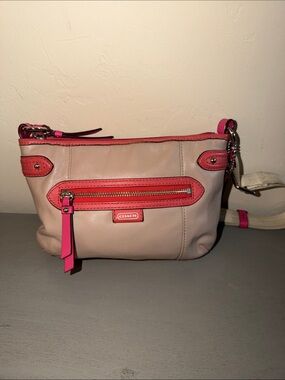 Coach Beige Leather Crossbody with Pink Trim